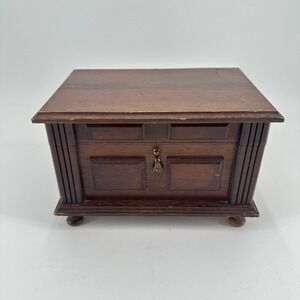 Vintage London Leather Wooden Musical Jewelry Box Japan Dark Wood Mirror Tray